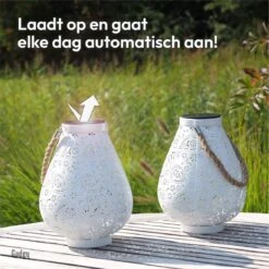 Gadgy Solar Lantaarn Mat Wit - Tafellamp Set Van 2 - Solar Tuinverlichting Op Zonneenergie - Led Buitenverlichting Met Dag/Nacht Sensor - Hanglamp - Tuinlantaarn - Metaal - 23 X Ø17.5CM