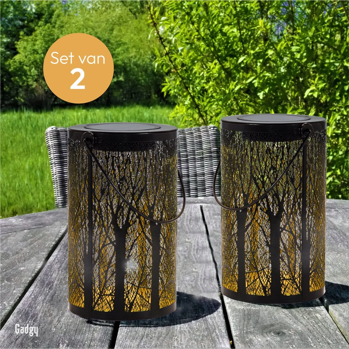 Gadgy Solar Tafellamp Boom Set Van 2 – Zwart/Goud – Metaal - Solar Tuinverlichting Op Zonneenergie – Led Buitenverlichting Met Dag/nacht Sensor - Tuinlantaarn - 20 X Ø12 Cm - Afbeelding 6