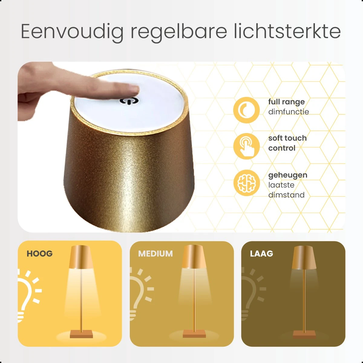 Goliving Tafellamp Op Batterijen - Oplaadbaar En Dimbaar - Moderne Touch Lamp Goud - Nachtlamp Draadloos - 38 CM - Afbeelding 3