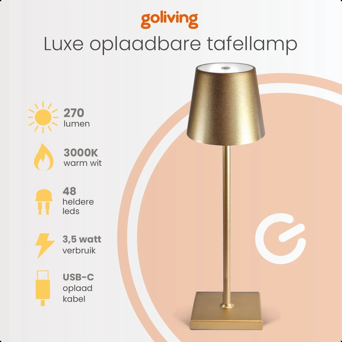 Goliving Tafellamp Op Batterijen - Oplaadbaar En Dimbaar - Moderne Touch Lamp Goud - Nachtlamp Draadloos - 38 CM - Afbeelding 4