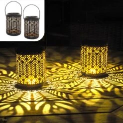 Gadgy Solar Lantaarn Pauw - Tafellamp Set Van 2 - Solar Tuinverlichting Op Zonneenergie - Led Buitenverlichting Met Dag/nacht Sensor - Hanglamp - Tuinlantaarn - 27 X Ø 12.5 Cm - Zwart/Goud - Metaal