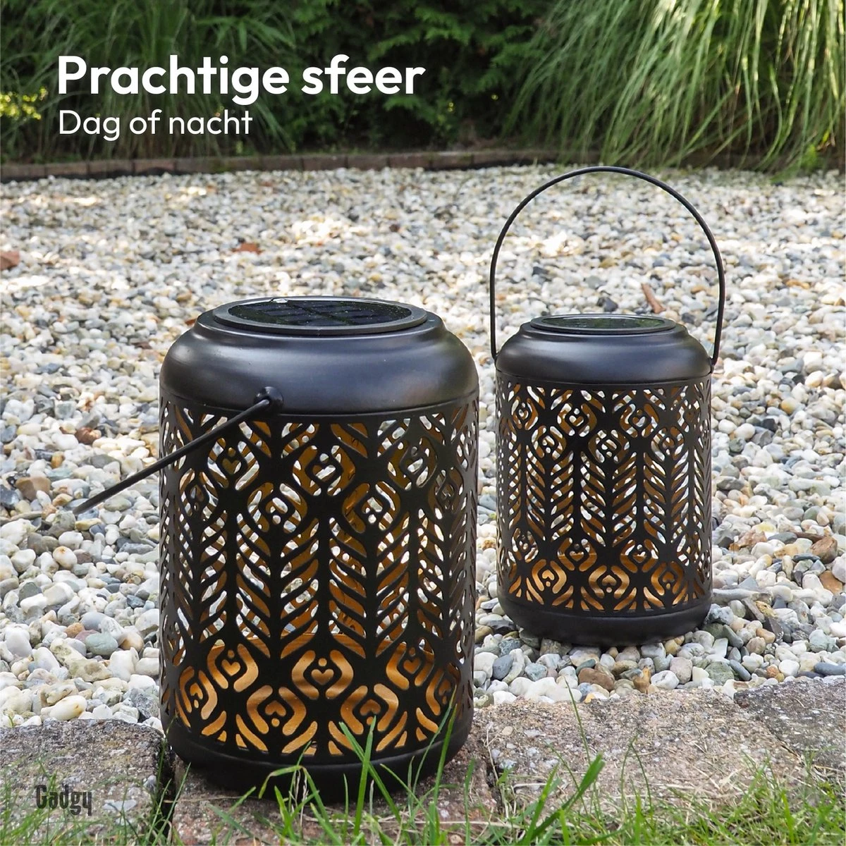 Gadgy Solar Lantaarn Pauw - Tafellamp Set Van 2 - Solar Tuinverlichting Op Zonneenergie - Led Buitenverlichting Met Dag/nacht Sensor - Hanglamp - Tuinlantaarn - 27 X Ø 12.5 Cm - Zwart/Goud - Metaal - Afbeelding 6