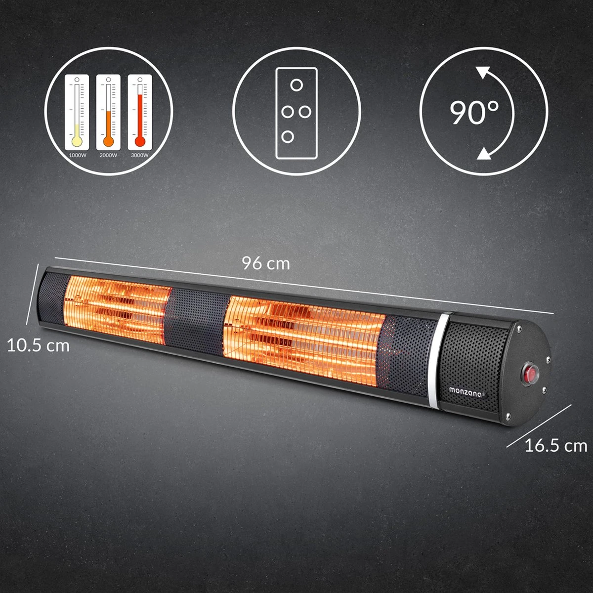 Monzana Infraroodstraler 3000W - 3 Standen Afstandsbediening - Zwart - Afbeelding 13