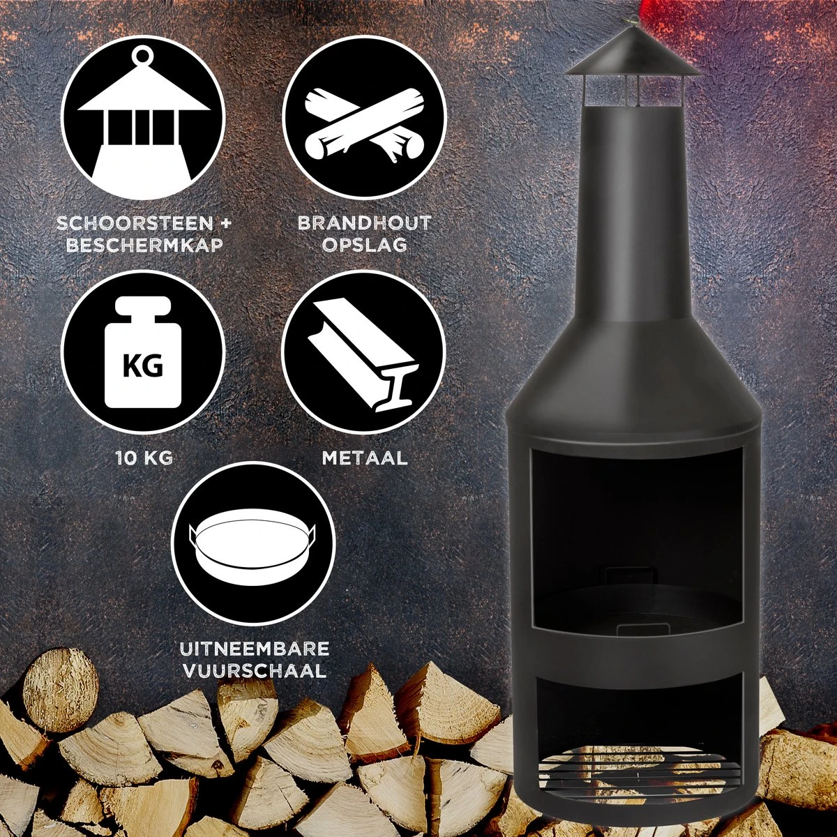 BBQ Collection Terrashaard - Met Schoorsteen - Houtkachel - 134 X 44,5 CM - Inclusief Pook - Zwart - Afbeelding 5