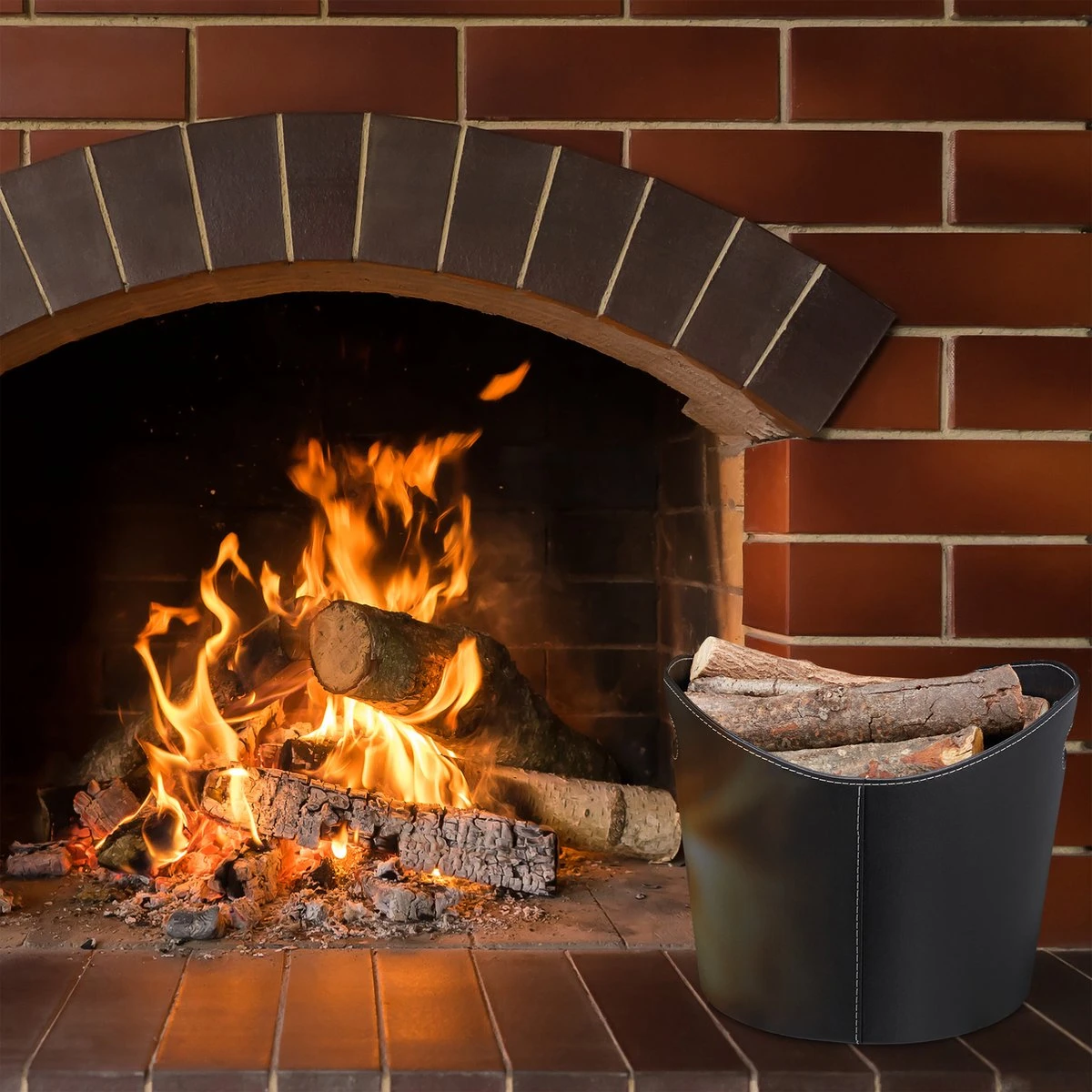 Relaxdays 1x Houtmand Kunstleer - Haardhout Mand Zwart - Opbergmand - Haardmand - Afbeelding 2