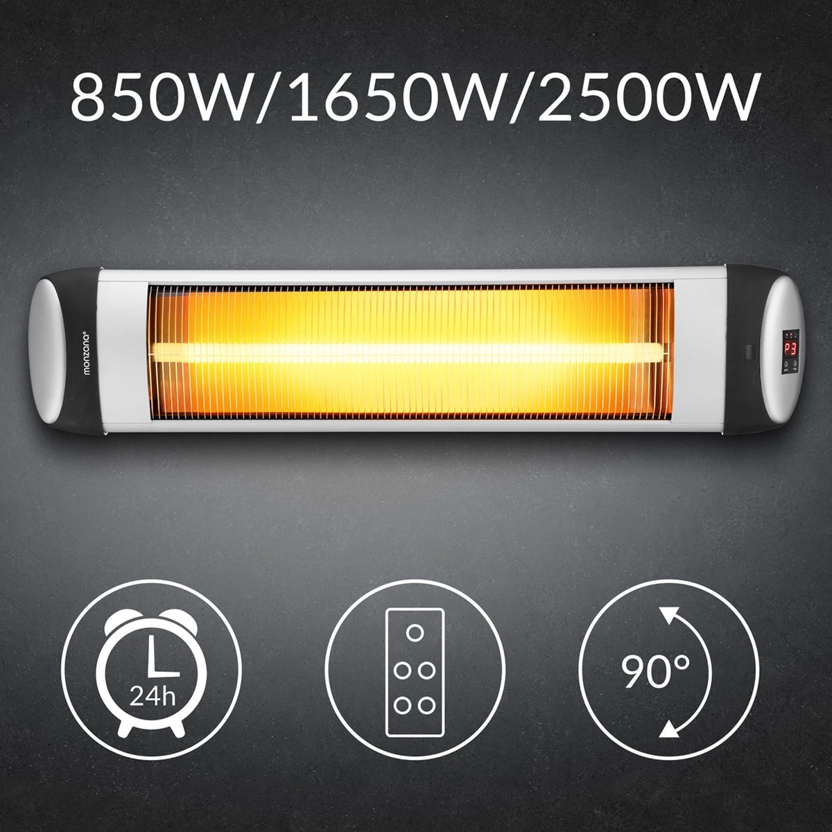Monzana Infraroodstraler 2500W - 3 Verwarmingsniveaus - Zilver - Afbeelding 4