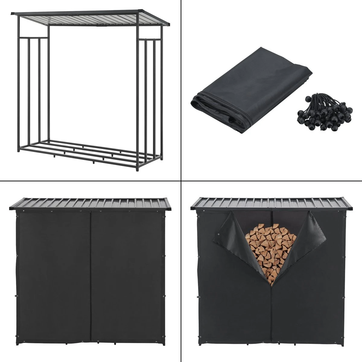 Brandhout Rek Houtopslag Yakutat 185x180x70 Cm Zwart - Afbeelding 3