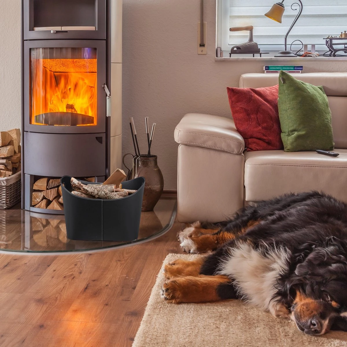 Relaxdays Houtmand Kunstleer - Haardhout Mand Zwart - Opbergmand - Haardmand - XL - Afbeelding 5