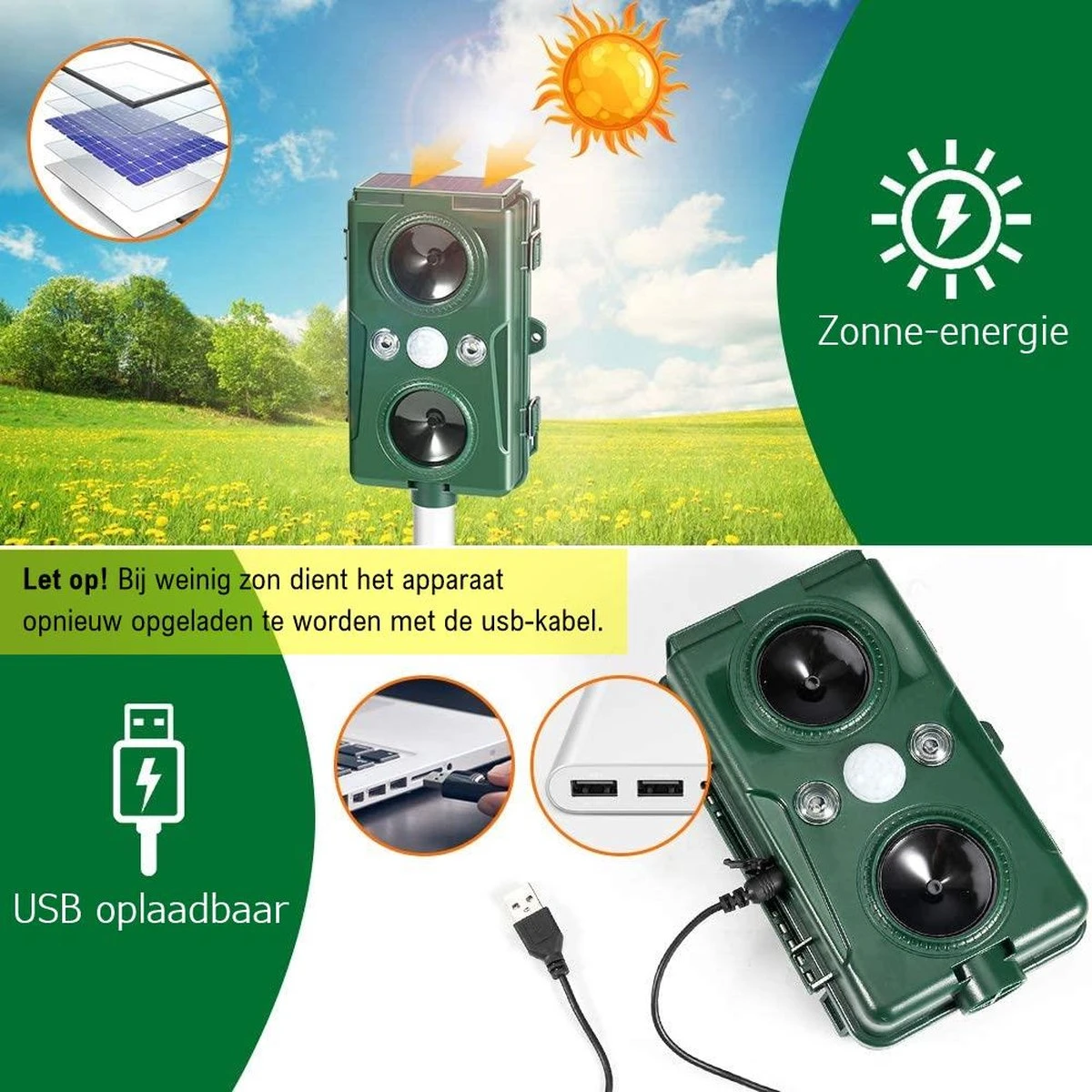 Cosas & Más - Ultrasone Kattenverjager - Marterverjager - Kattenschrik - Vogelverschrikker - Flashlight - Zonne Energie - Met USB Kabel - Afbeelding 5