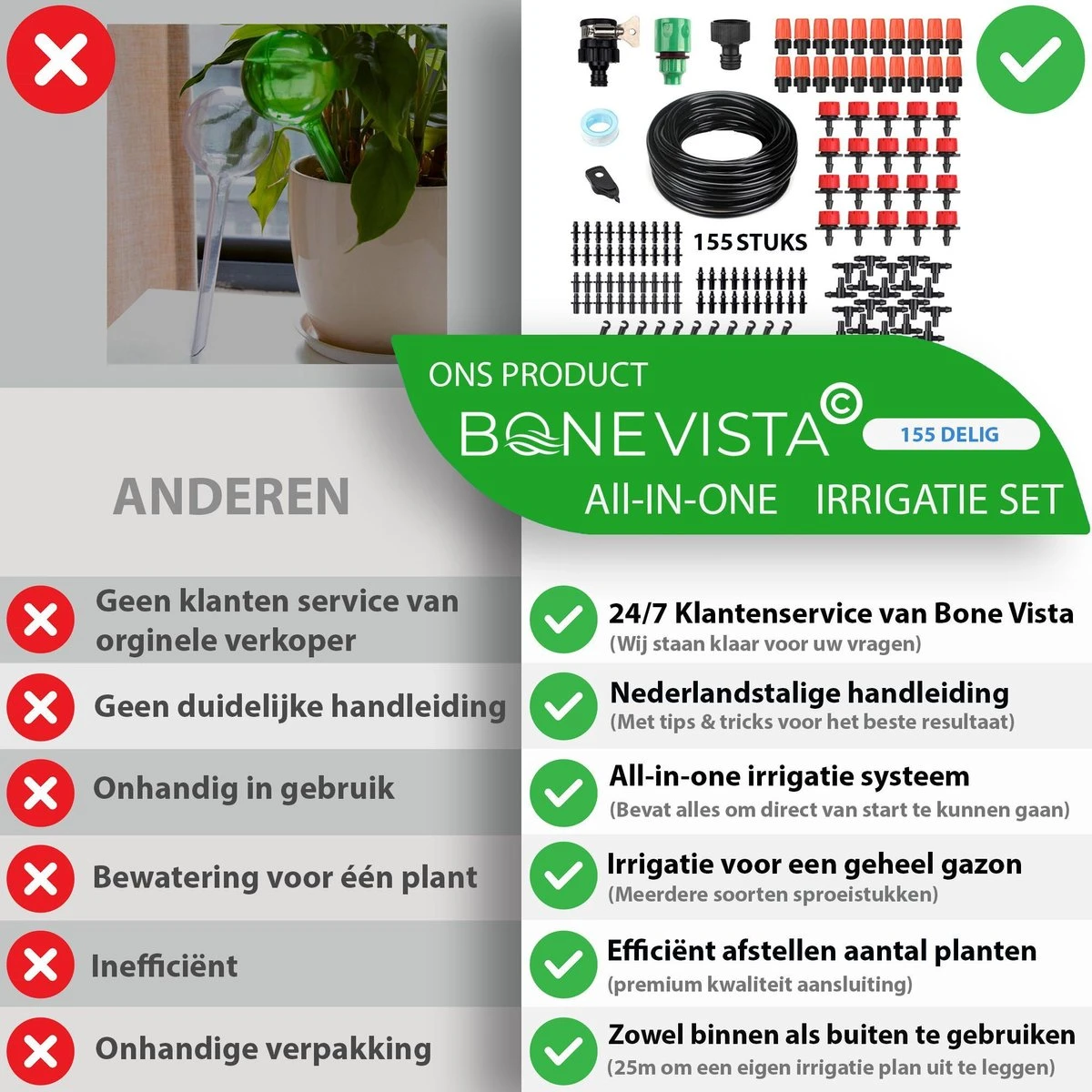 Bone Vista® 155 Stuks Water Druppelslang Irrigatiesysteem Tuin – Bewateringssysteem & Druppelsysteem - Afbeelding 3