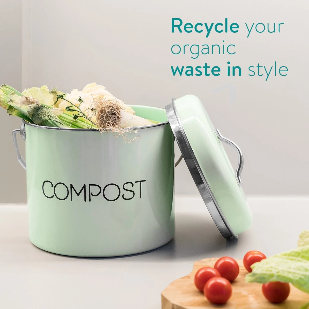 Navaris Metalen Compostbak 3L - Afvalbakje Met 3x Filter Tegen Vieze Geuren - Prullenbak Met Deksel Voor Gft-afval - Compostemmer Keuken - Mintgroen - Afbeelding 3