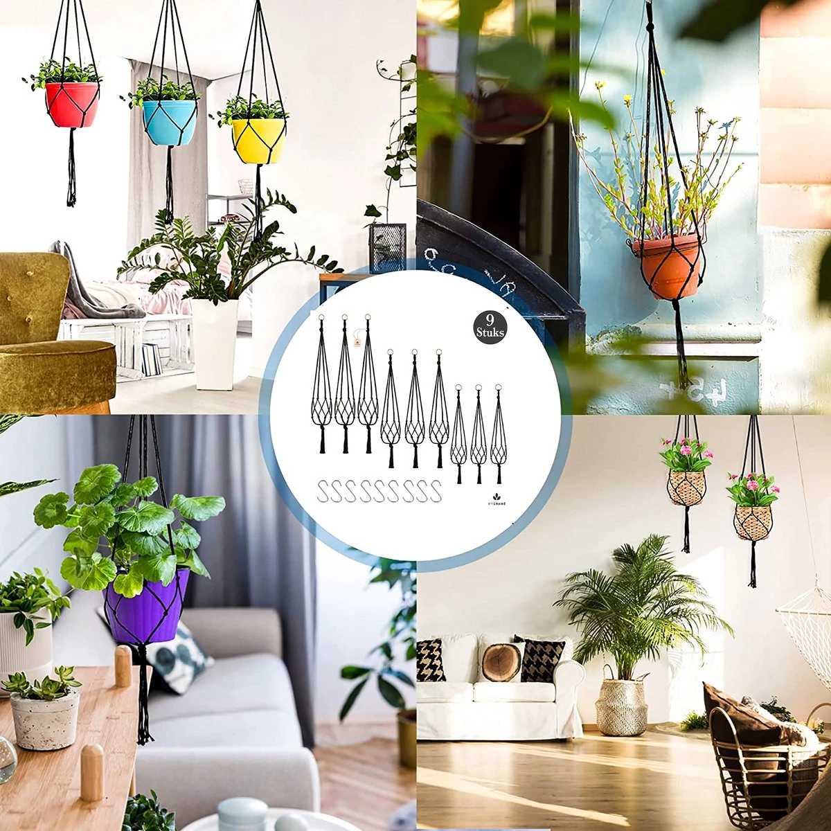 9 Stuks Zwart Macrame Plantenhangers - Boho Handgeweven Katoen Hangpot Voor Binnen/Buiten - Hangende Bloempot Met Kralen - Macramé Touw/Koord Hangplant Houder - Bohemian Wandhanger Decoratie - Plant Hanger - Verticale Tuin Bloempothouder Planthanger - Afbeelding 2