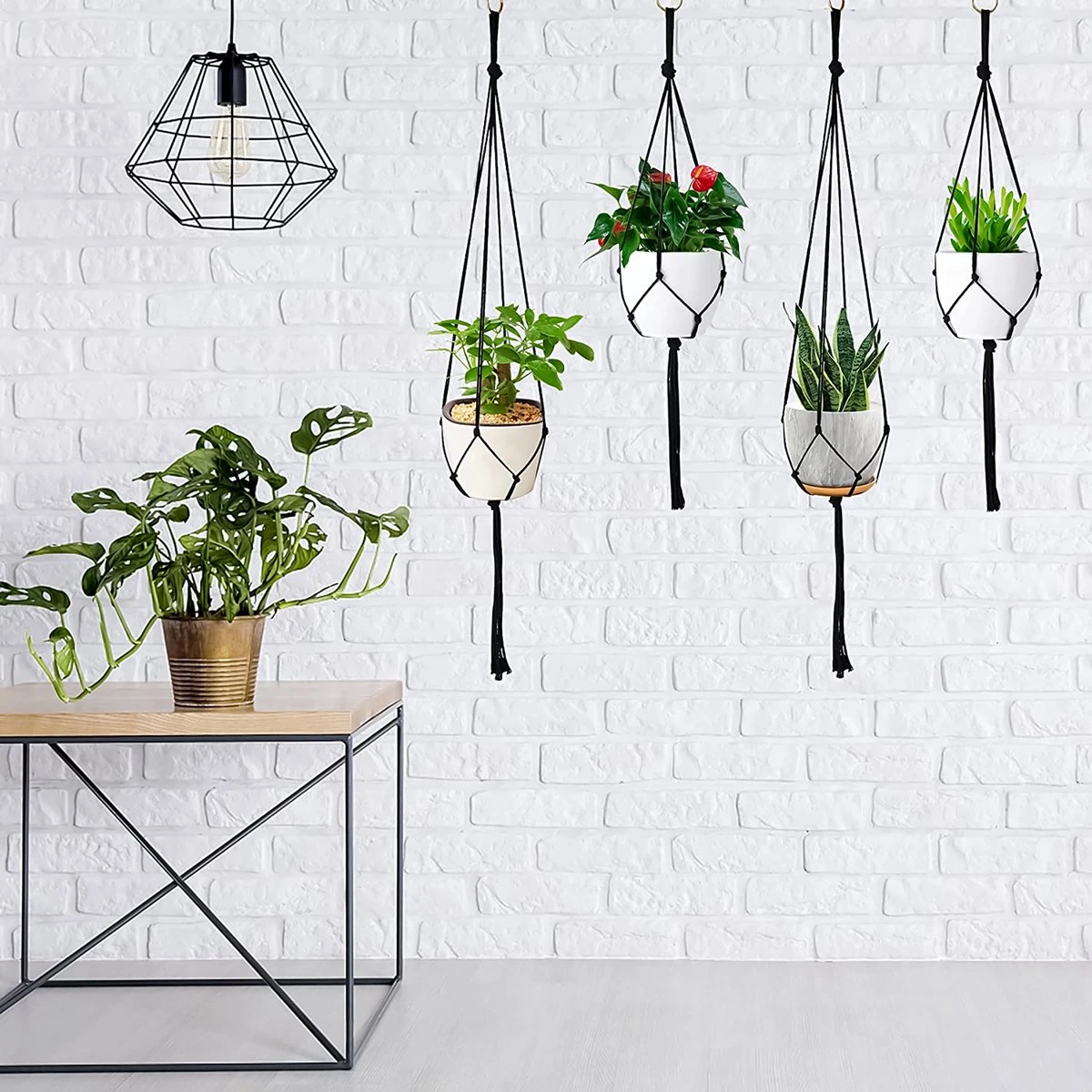 9 Stuks Zwart Macrame Plantenhangers - Boho Handgeweven Katoen Hangpot Voor Binnen/Buiten - Hangende Bloempot Met Kralen - Macramé Touw/Koord Hangplant Houder - Bohemian Wandhanger Decoratie - Plant Hanger - Verticale Tuin Bloempothouder Planthanger - Afbeelding 10