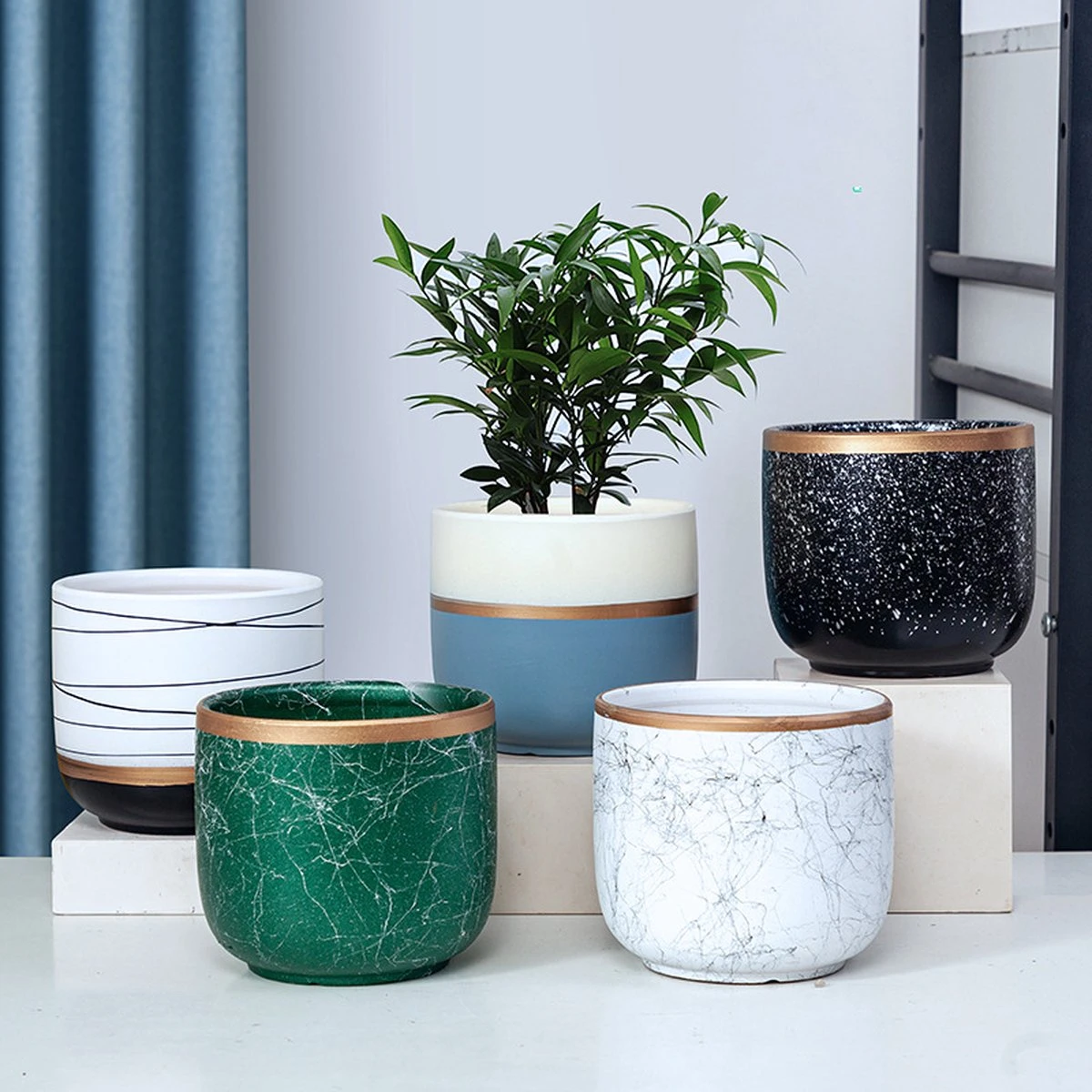 Bloempotten Binnen - Keramiek - Gouden Rand - Bloempot Buiten - Afvoergat 24 Cm - Groen – Groot - Afbeelding 4