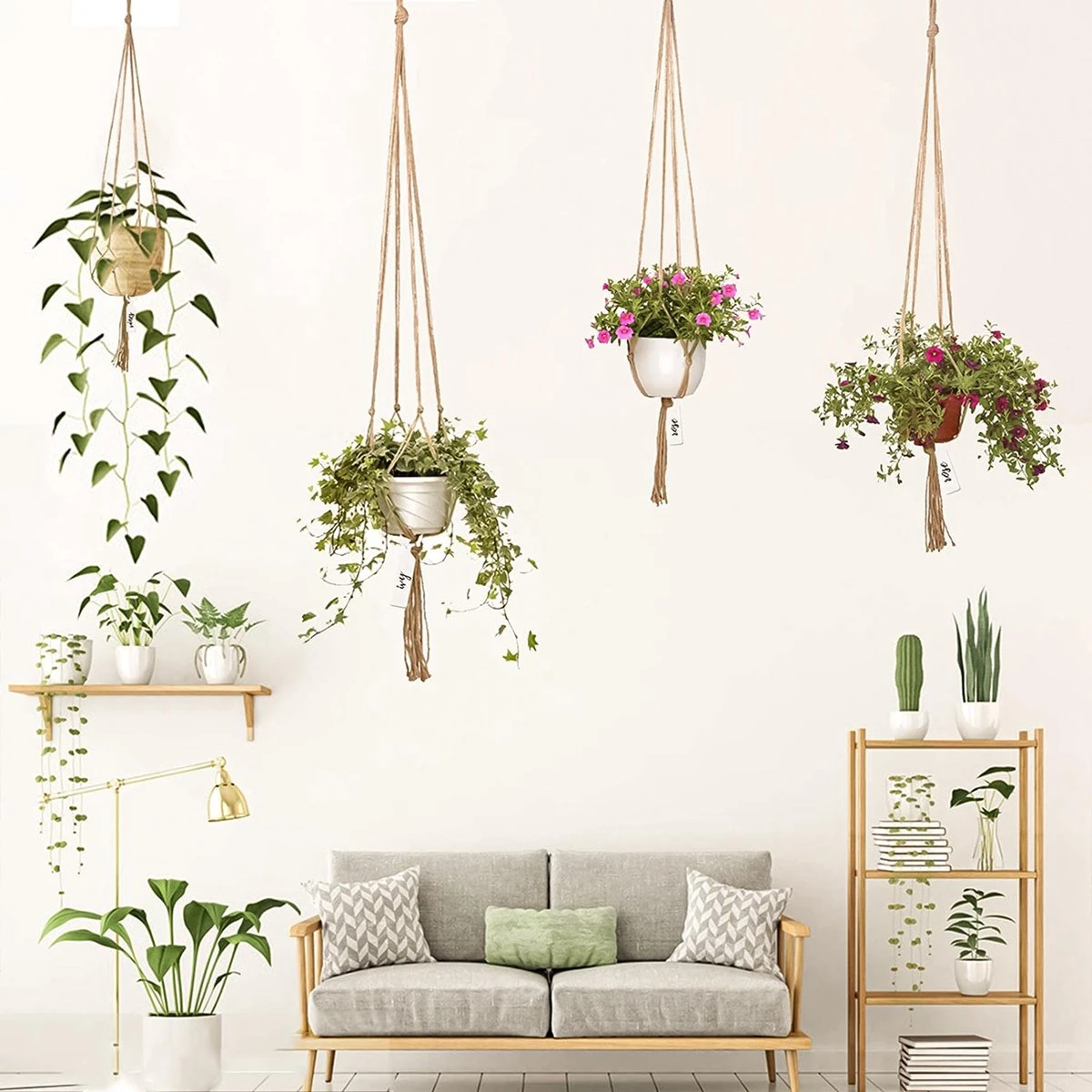 9 Stuks Jute Macrame Plantenhangers - Boho Handgeweven Katoen Hangpot Voor Binnen/Buiten - Hangende Bloempot Met Kralen - Macramé Touw/Koord Hangplant Houder - Bohemian Wandhanger Decoratie - Plant Hanger - Verticale Tuin Bloempothouder Planthanger - Afbeelding 2