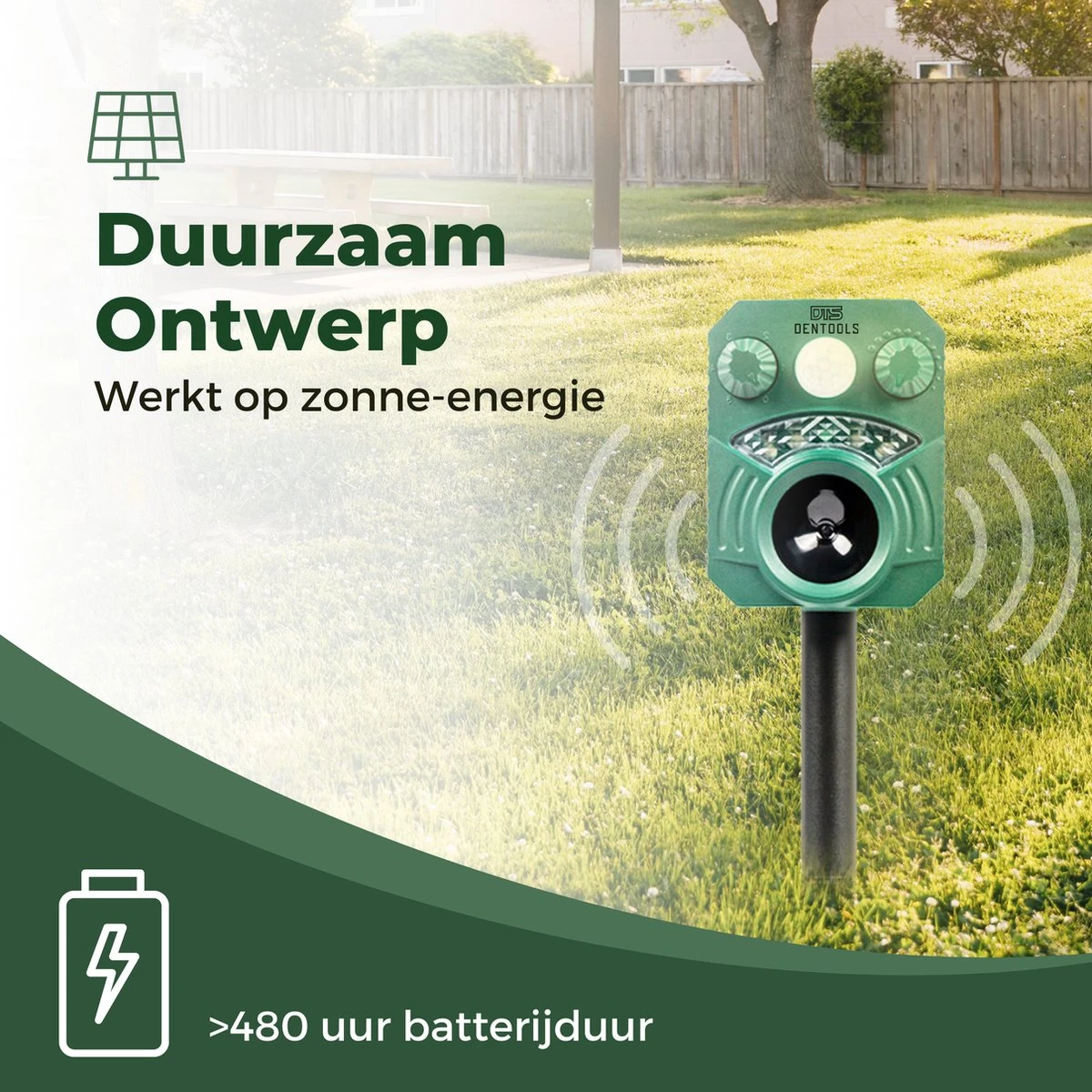 Dentools Ultrasone Kattenverjager 110 Graden - Ongedierte Verjager - Ongediertebestrijding - Zonneenergie - Groot Bereik - Oplaadbaar - Afbeelding 3