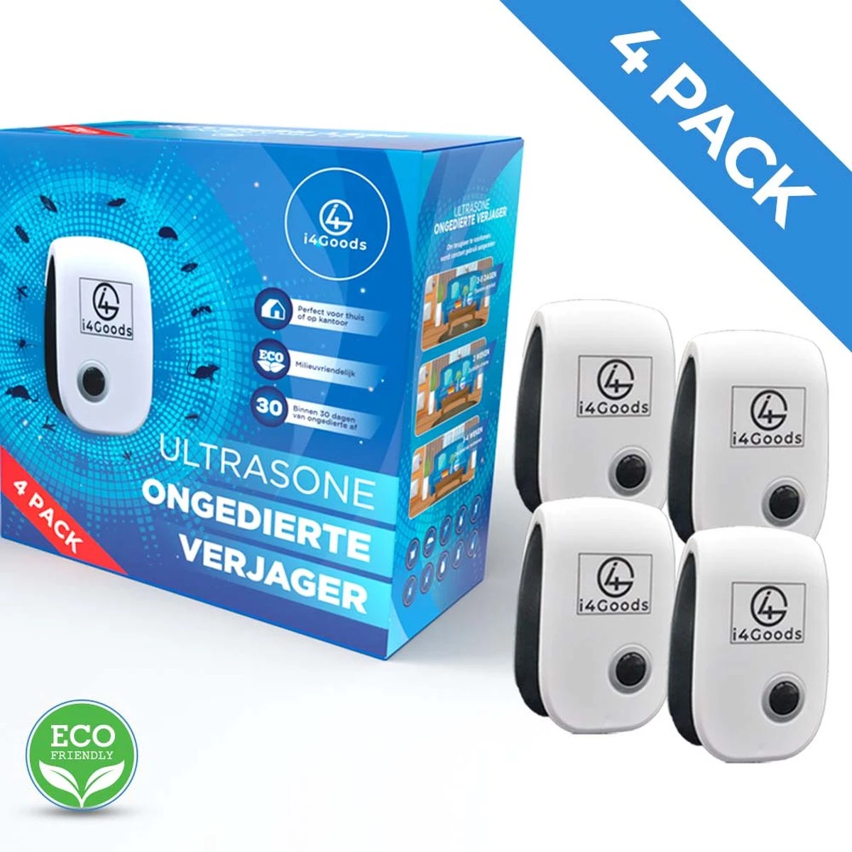 4-Pack I4Goods Ultrasone Ongedierte Verjager - Pest Reject - Muizenverjager - Vliegenverjager - Muggenstekker - Geen Chemicaliën Of Gif - Ook Voor Geaarde Stopcontacten