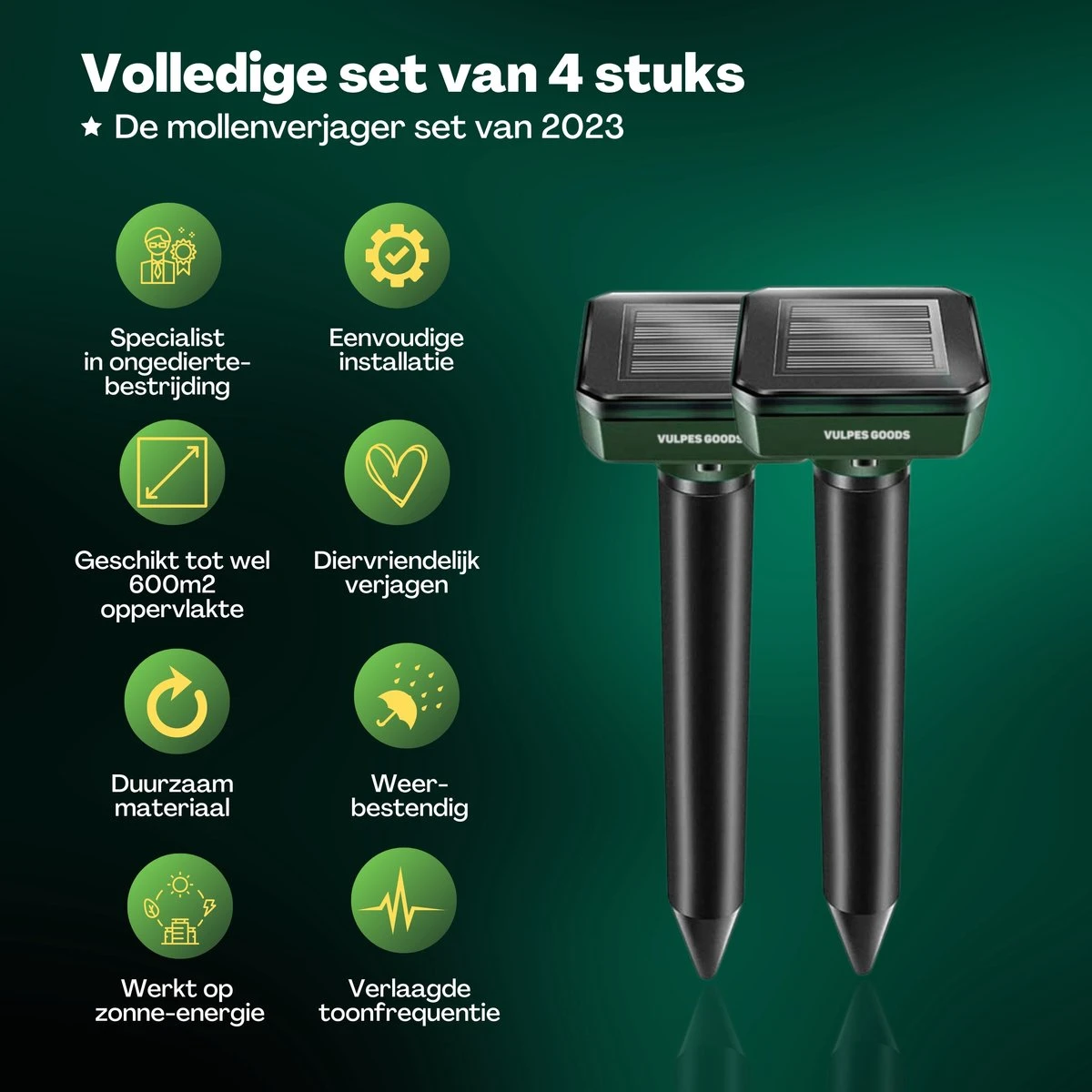 Vulpes Verjager® Mollenverjager - 4 Stuks - Muizenverjager - Mollenbestrijding - Werkt Op Zonne-energie - Waterdicht - Diervriendelijk - Strakke Tuin, Gazon Of Perceel! - Afbeelding 2