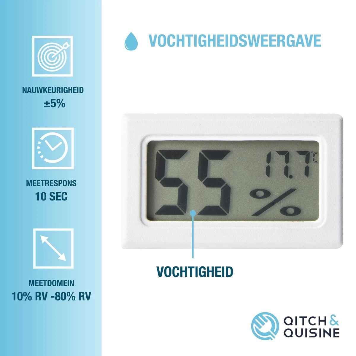 Qitch&Quisine - Hygro - Vochtmeter - Hygrometer - Hygrometer Met Batterijen - Wit - Inclusief Thermometer - Digitale Luchtvochtigheidsmeter - Voor Binnen & Buiten - 2 In 1 - Set Van 3 - Afbeelding 4