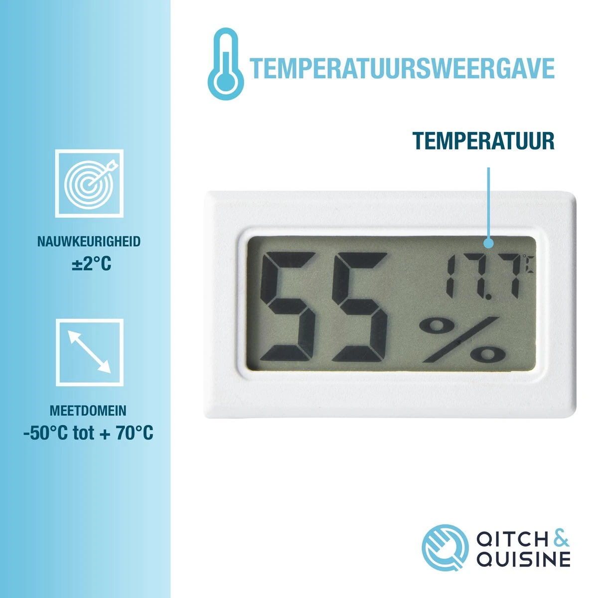 Qitch&Quisine - Hygro - Vochtmeter - Hygrometer - Hygrometer Met Batterijen - Wit - Inclusief Thermometer - Digitale Luchtvochtigheidsmeter - Voor Binnen & Buiten - 2 In 1 - Set Van 3 - Afbeelding 12
