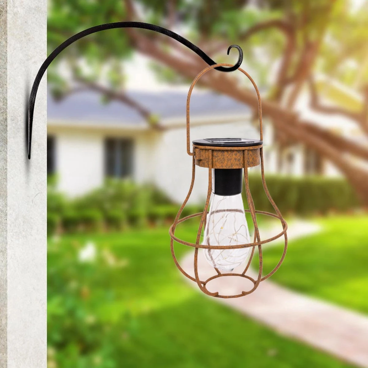 MaxxGarden Solarverlichting - Tafellamp En Wandlamp Met Sensor - Tuinverlichting Op Zonne-energie - Buiten - Roest Lantaarn Met Wandhaak - 12x15cm - Set Van 2 Stuks - Afbeelding 4