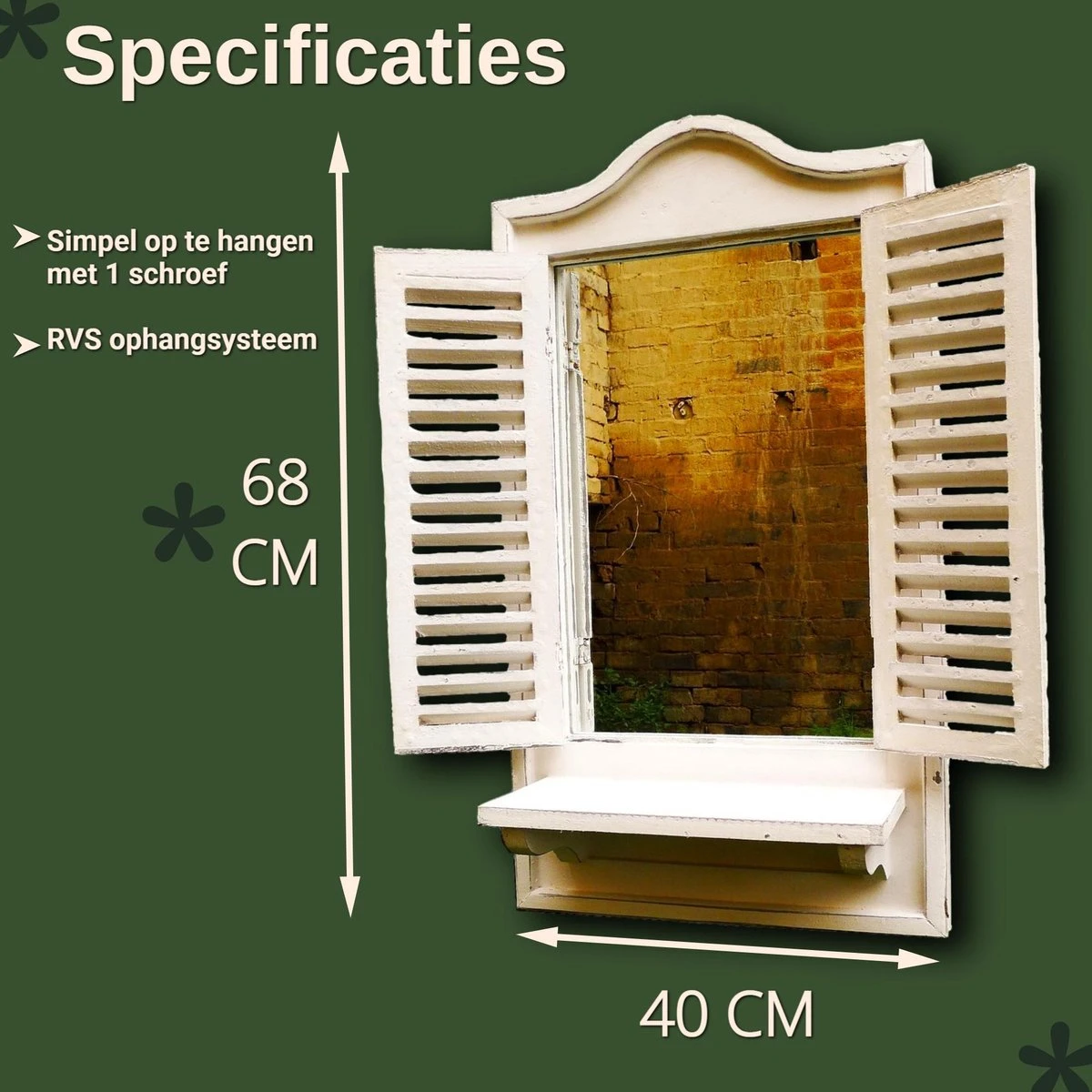 Wandspiegel Louvre Tuinspiegel Vensterbank Wit Spiegel Met Luiken 68CM - Afbeelding 4