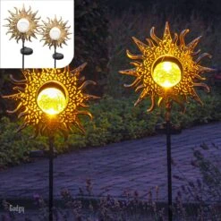 Gadgy Solar Tuinfakkel Zon Met Grondspies - Tuinsteker Set Van 2 St. - Tuinfakkels 103CM Hoog - Tuinverlichting Op Zonneenergie Buiten - Led Buitenverlichting Met Sensor - Brons Kleurig Metaal
