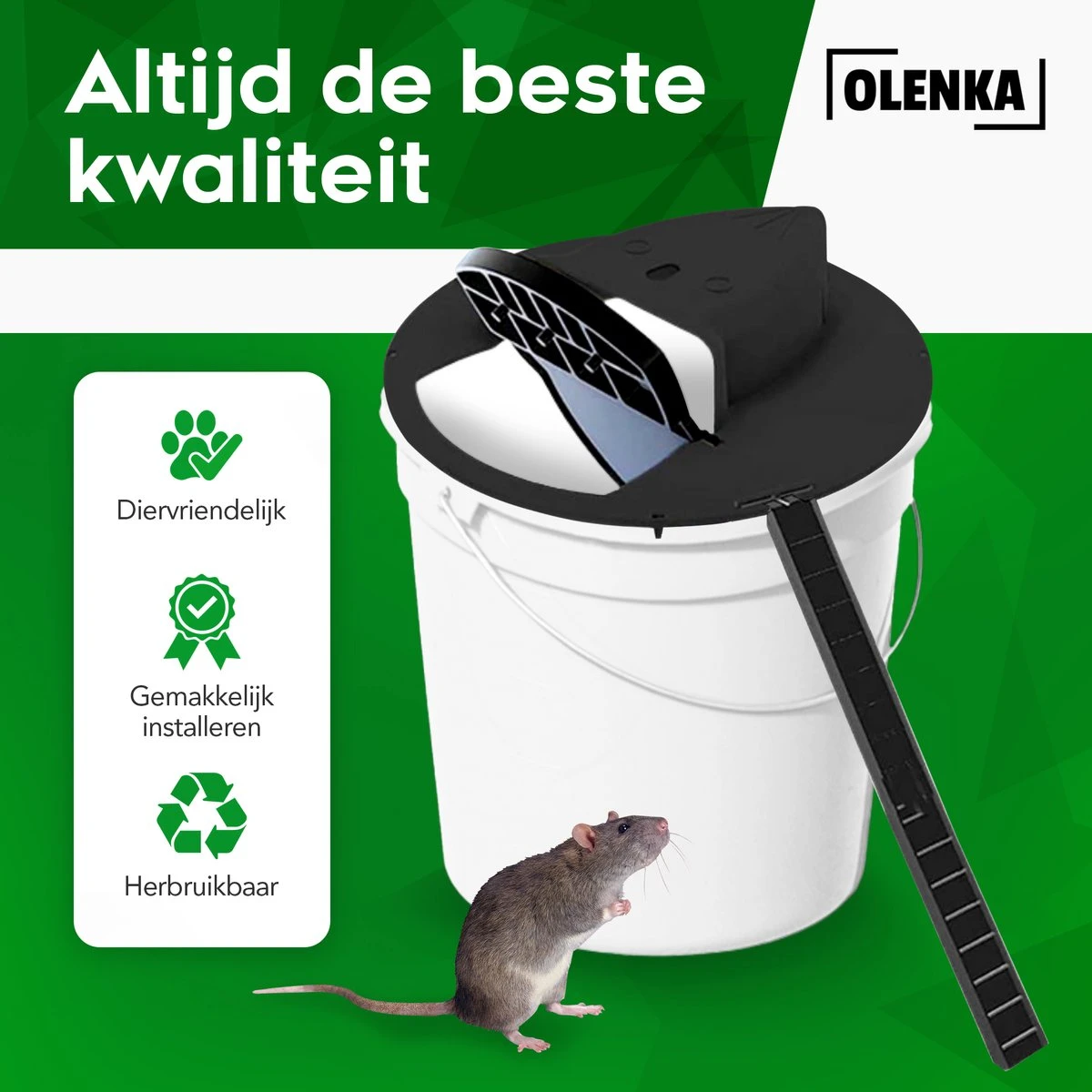 Olenka - Diervriendelijke Muizenval - Rattenval - Muizenverjager - Inclusief Emmer - Voor Binnen En Buiten - Verbeterd Model 2023 - Inclusief E-Book - Zwart - Afbeelding 2