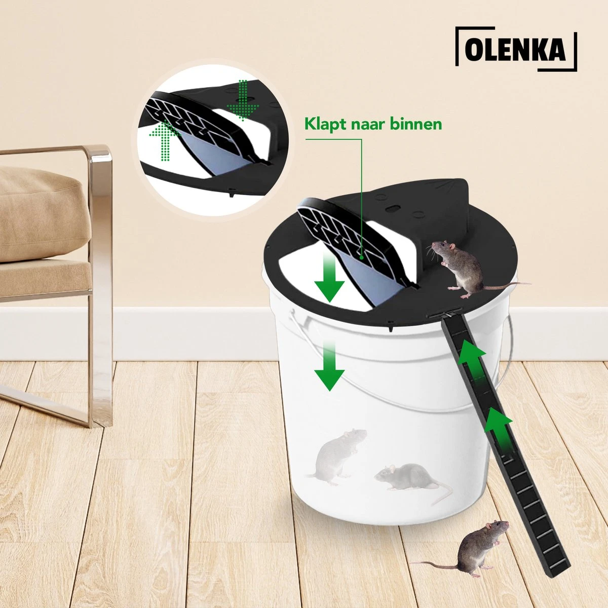 Olenka - Diervriendelijke Muizenval - Rattenval - Muizenverjager - Inclusief Emmer - Voor Binnen En Buiten - Verbeterd Model 2023 - Inclusief E-Book - Zwart - Afbeelding 5