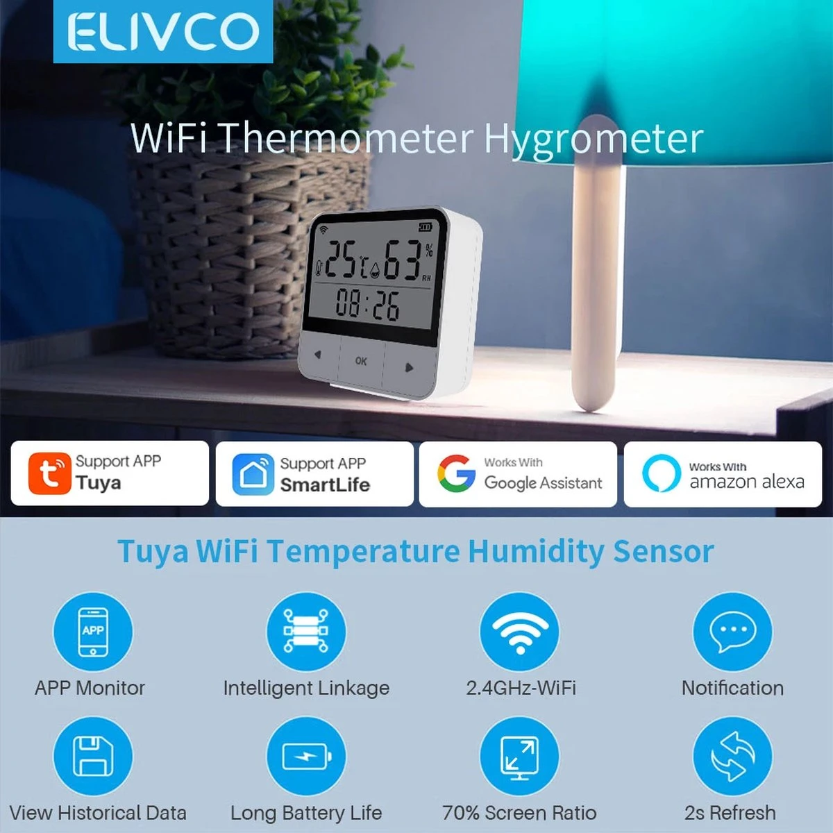 Fastsurfe - Smart WiFi Temperatuur - En Vochtigheidssensor Detector - Wifi App - Indoor Hygrometer - Thermometer - LCD-scherm - Werkt Met Alexa Google Home - Afbeelding 4