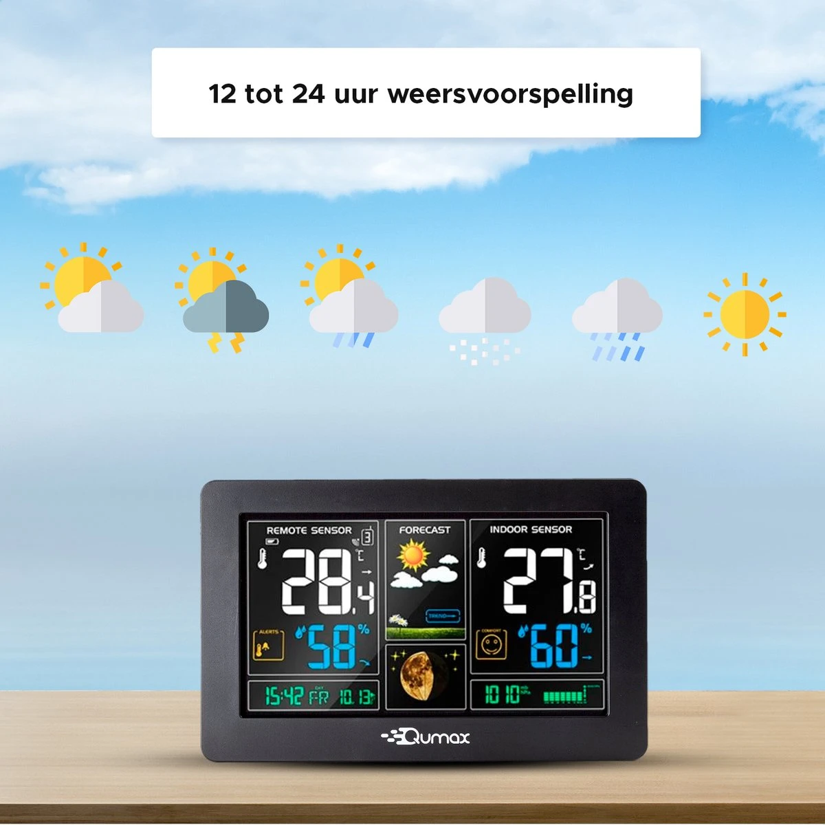 Qumax Weerstation Binnen En Buiten - Draadloos Weerstation Met Buitensensor Tot 60 Meter Bereik - Waterdicht - Afbeelding 2