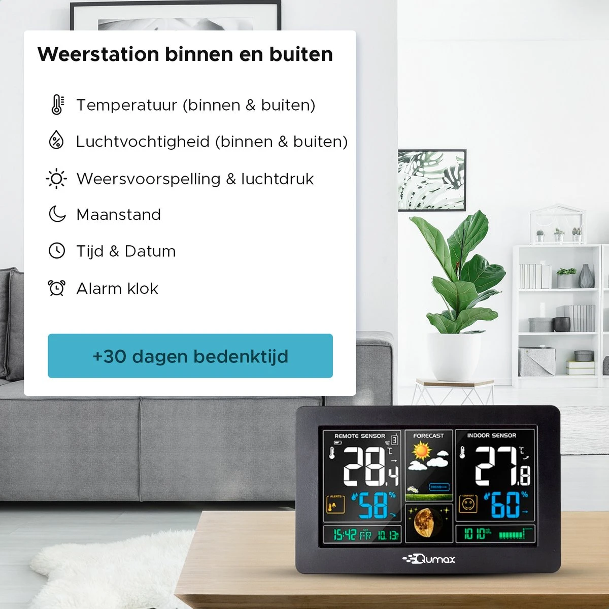 Qumax Weerstation Binnen En Buiten - Draadloos Weerstation Met Buitensensor Tot 60 Meter Bereik - Waterdicht - Afbeelding 4