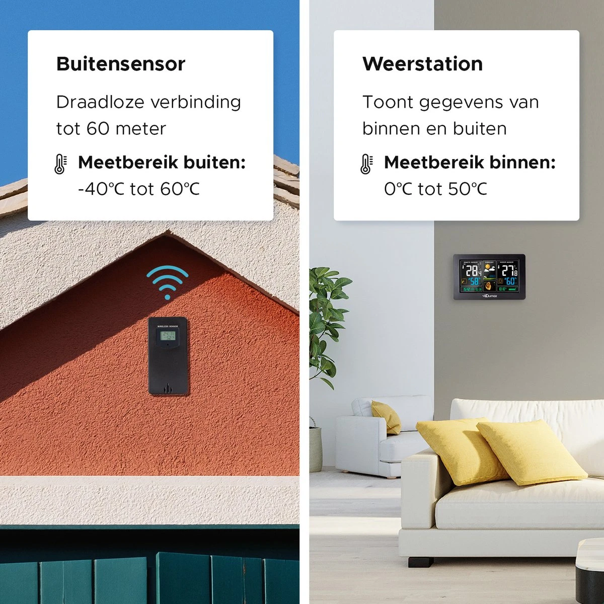 Qumax Weerstation Binnen En Buiten - Draadloos Weerstation Met Buitensensor Tot 60 Meter Bereik - Waterdicht - Afbeelding 5