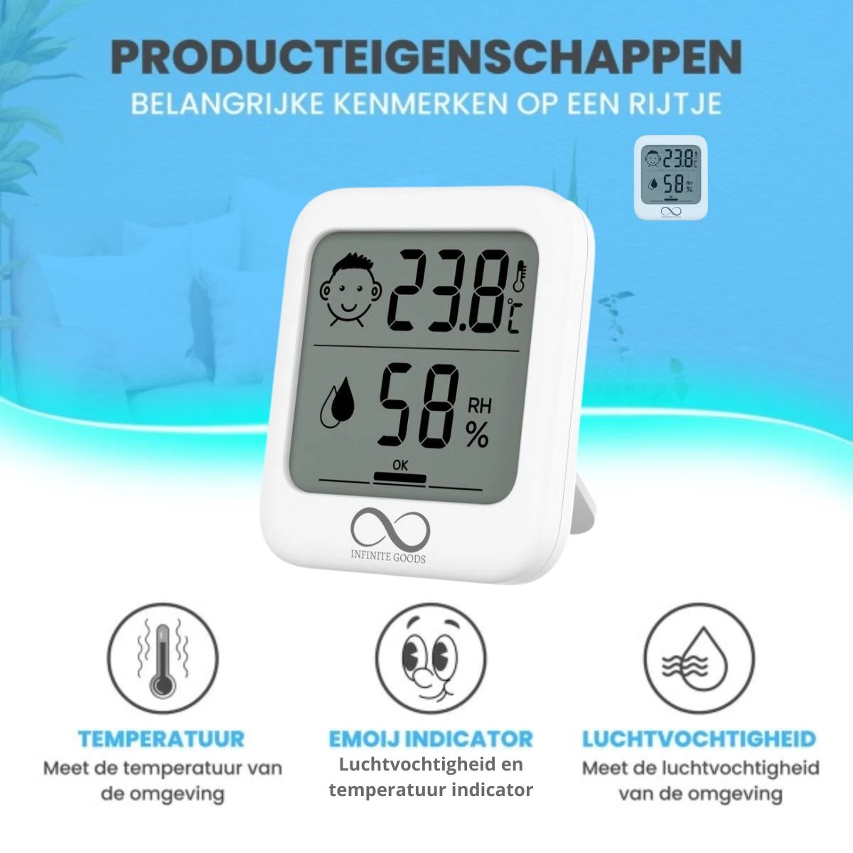 Infinite Goods Hygrometer - Digitale Weerstation - Luchtvochtigheidsmeter - Thermometer Voor Binnen - Vochtmeter - Magneten/Ophangoog - Incl. Batterij - Afbeelding 2