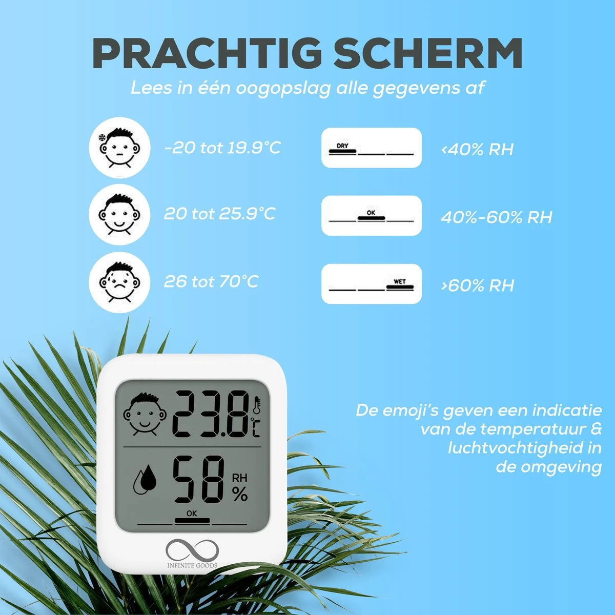 Infinite Goods Hygrometer - Digitale Weerstation - Luchtvochtigheidsmeter - Thermometer Voor Binnen - Vochtmeter - Magneten/Ophangoog - Incl. Batterij - Afbeelding 3