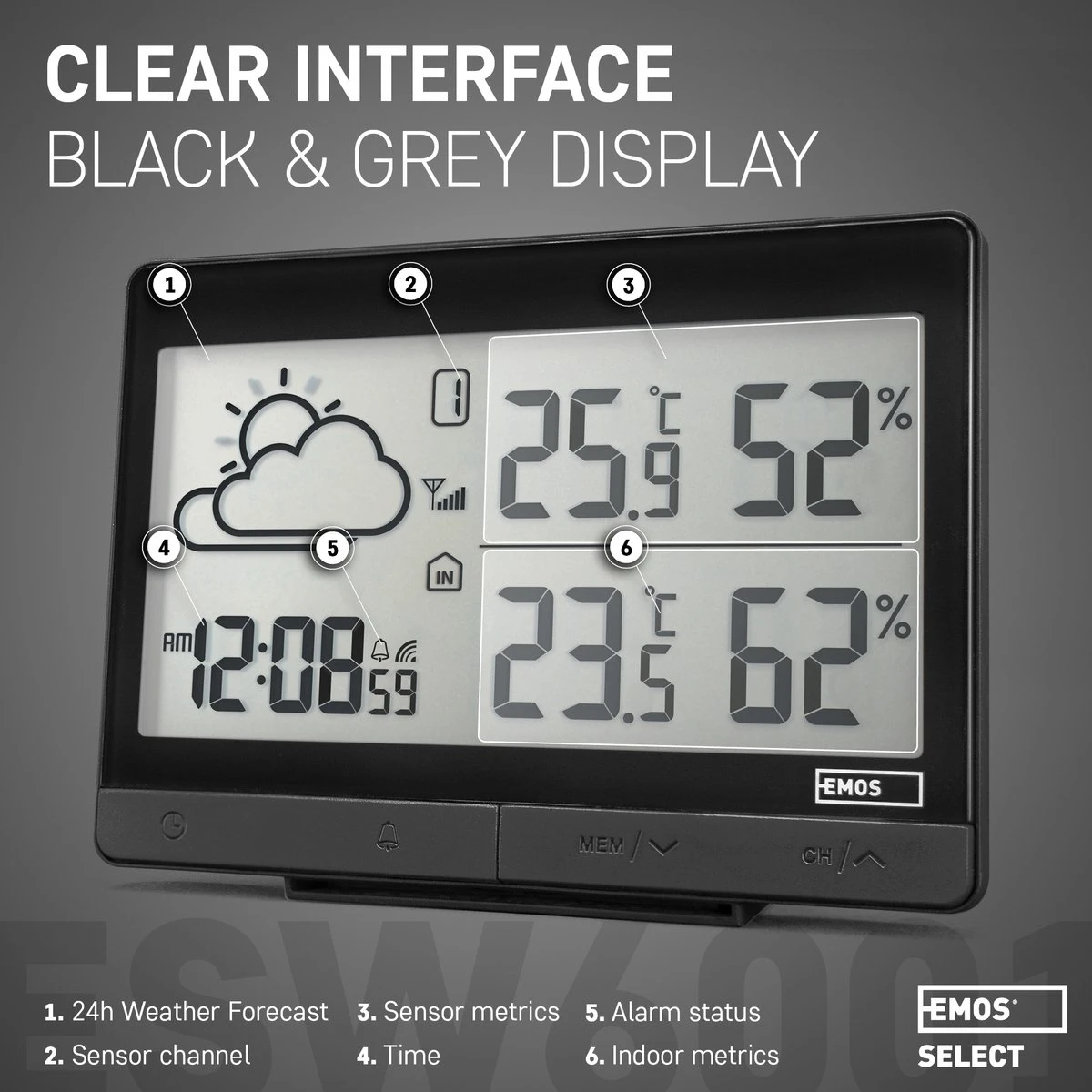 EMOS Weerstation, Draadloos Weerstation Op Batterijen, Binnen- En Buitenweersysteem Met Grijsdisplay, Tijd & Datum, Temperatuur, Luchtvochtigheid, Comfort, Wekker En Alarmfunctie, 12-24 Uursvoorspelling, Weerstation Met Buitensensor - Afbeelding 6