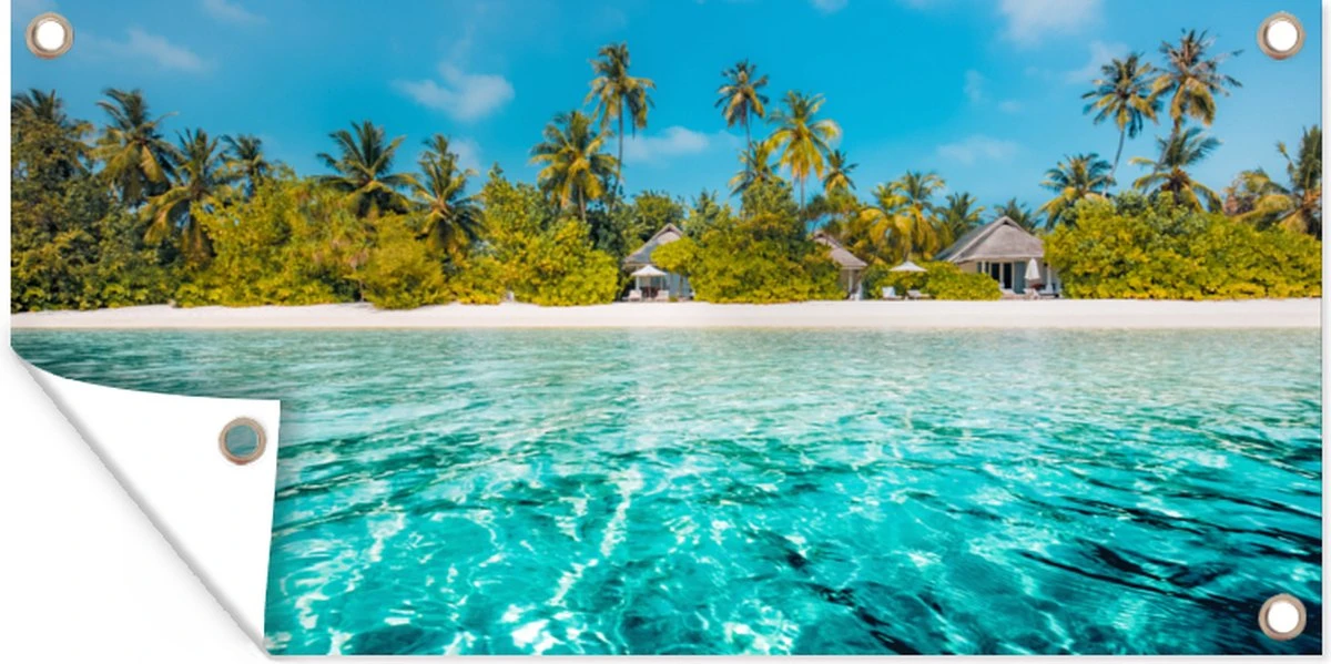 Wanddecoratie Buiten Strand - Palmbomen - Zee - 160x80 Cm - Tuindoek - Buitenposter
