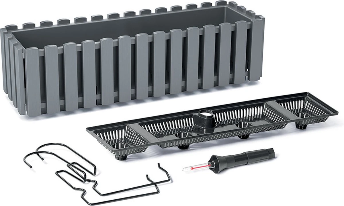 Prosperplast Fence-look Ophang Plantenbak/bloembak Kunststof 58 X 18 X 16 Cm Steengrijs Met Handige Droogtemeter Voor Binnen/buiten - Afbeelding 3