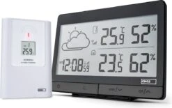 EMOS Weerstation, Draadloos Weerstation Op Batterijen, Binnen- En Buitenweersysteem Met Grijsdisplay, Tijd & Datum, Temperatuur, Luchtvochtigheid, Comfort, Wekker En Alarmfunctie, 12-24 Uursvoorspelling, Weerstation Met Buitensensor