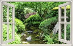 PB-Collection - Tuindoek Doorkijk Raam Japanse Tuin - 90x140cm - Tuinposter - Tuin Decoratie - Tuinposters Buiten – Tuinschilderij – Poster Buiten – Buitencanvas – Tuinbanner