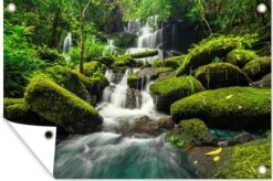 Tuinposter Waterval - Tuindoek - Lichtgroen - Tuinschilderij Voor Buiten - 120x80 Cm - Tuindecoratie