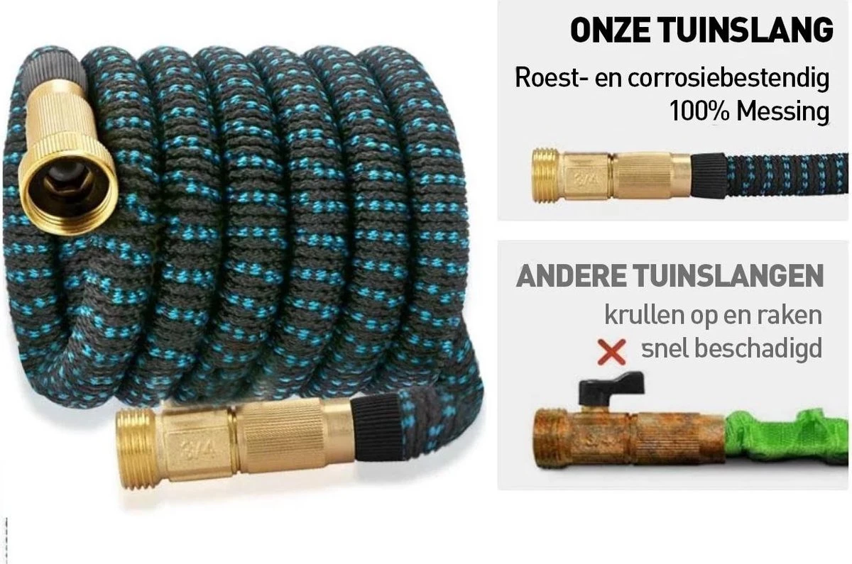 J.E Super Sterk Uitrekbare Tuinslang Tot 30 Meter + GRATIS Tas, Ophanghaak En Koppelstuk - 10 Standen Sproeikop - Blauw/Zwart - Flexibel Elastisch - Afbeelding 4
