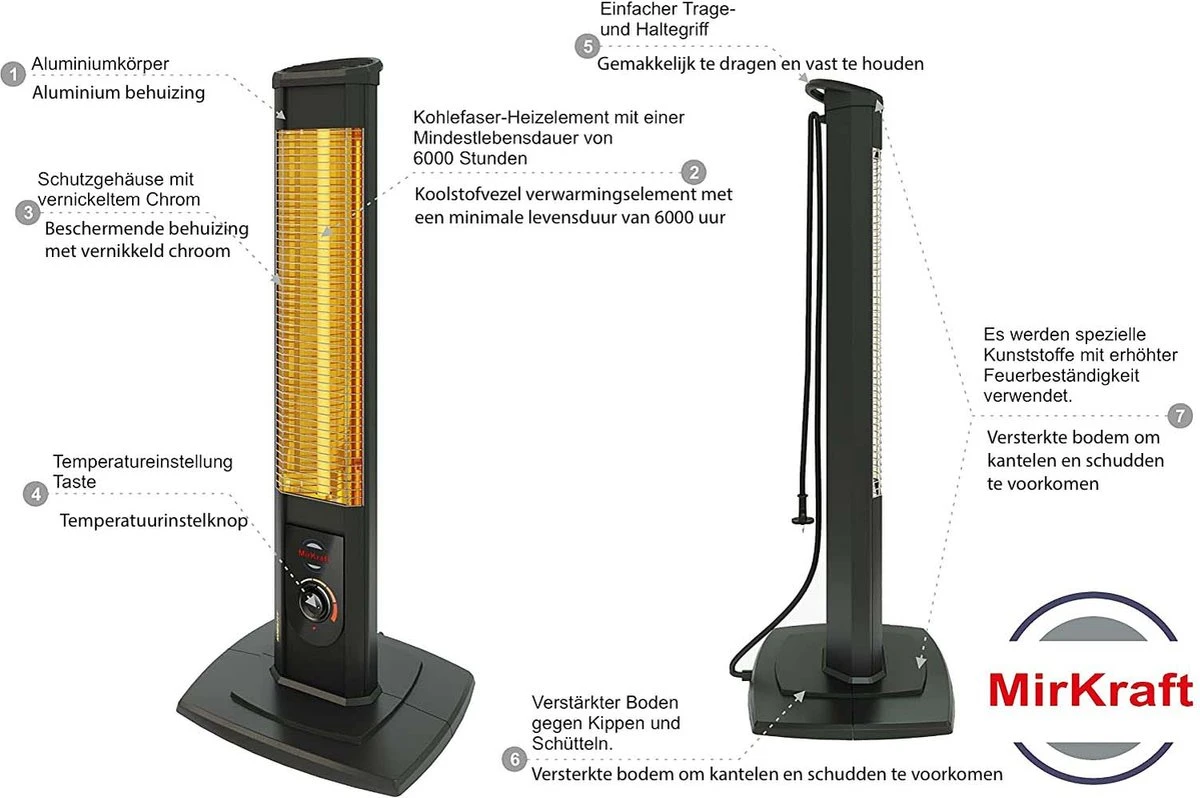MirKraft - Infrarood Straalkachel - Terrasverwarmer-voor Binnen En Buiten - 2500W - ZWART - Afbeelding 3