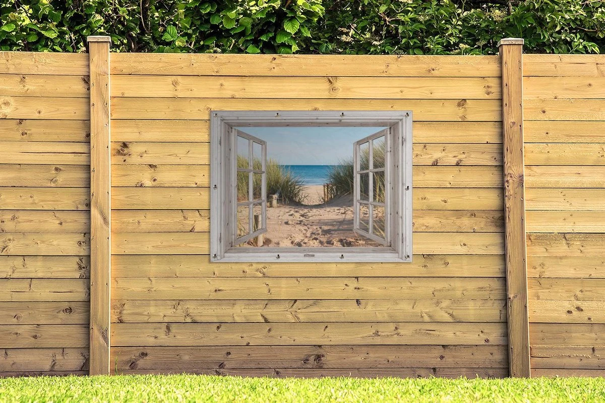 Tuinposter Doorkijk Door Openslaand Wit Raam - Hollandse Duinen - Strand - Zee - 120x90 Cm - Tuindoek - Tuinposter - Tuin Decoratie - Tuinposters Buiten - Afbeelding 5