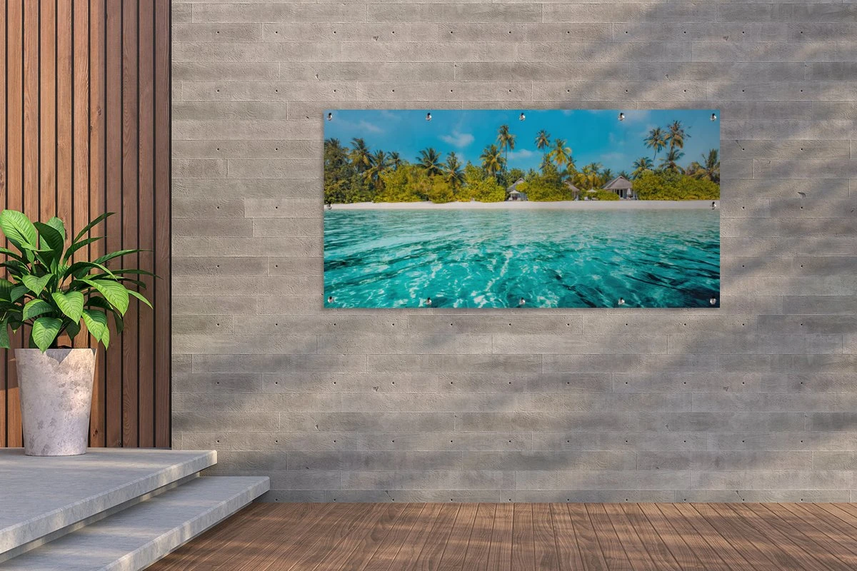 Wanddecoratie Buiten Strand - Palmbomen - Zee - 160x80 Cm - Tuindoek - Buitenposter - Afbeelding 2