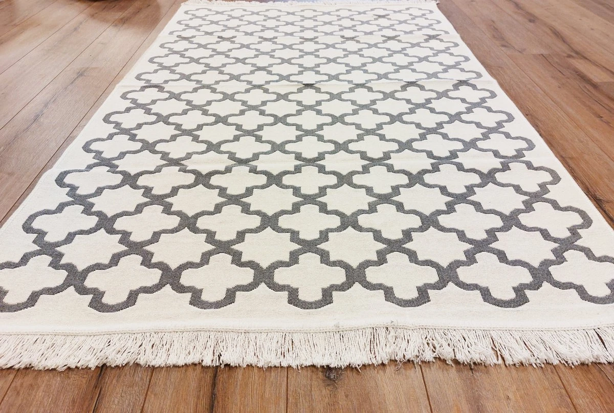 Kelim Vloerkleed -80x150- Grijs & Gebroken Wit - Keukenloper - Loper Tapijt- Machinewasbaar - Modern