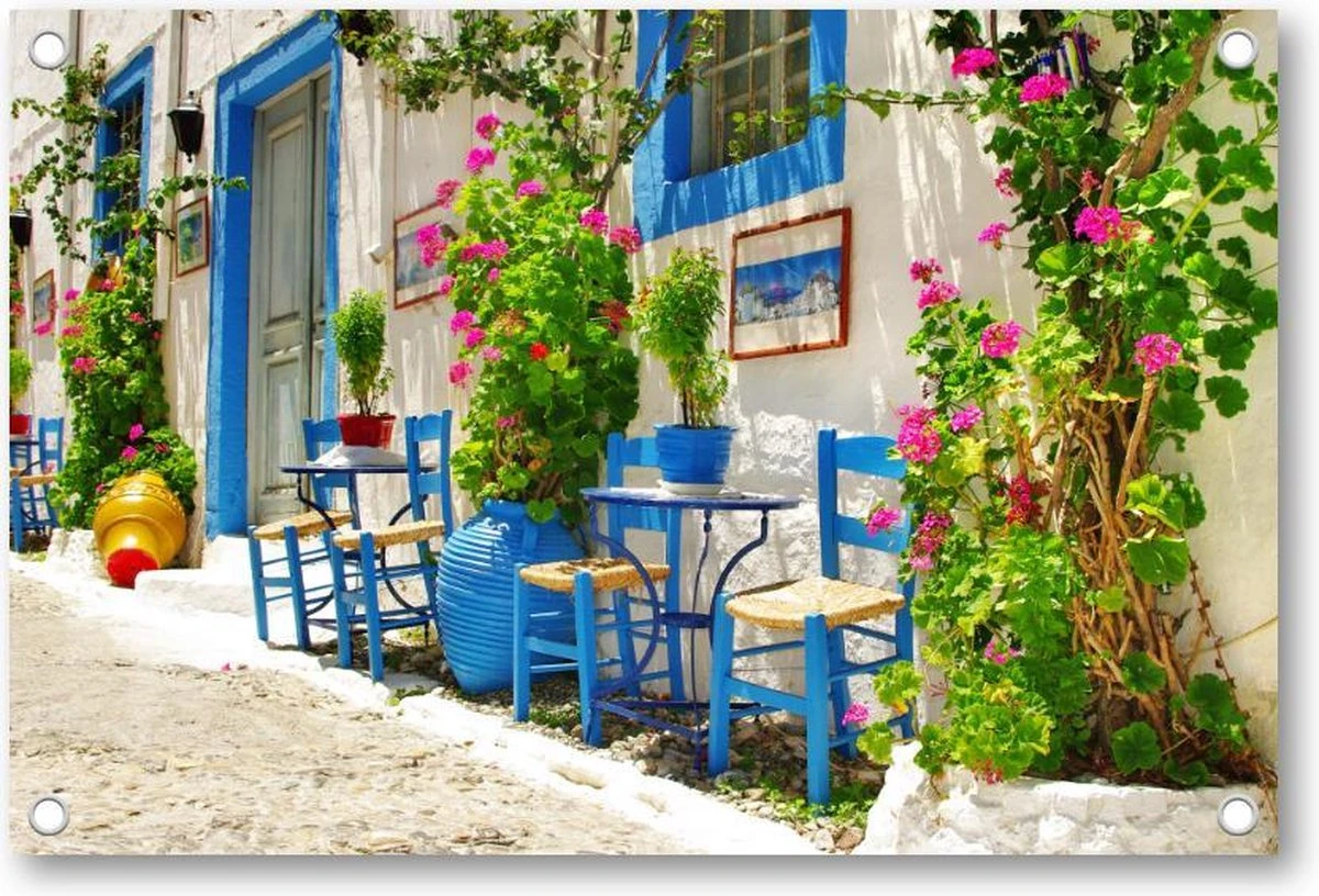 Traditioneel Griekenland - Taverna's Op Straat - Tuinposter 120x80 - Wanddecoratie - Bloemen