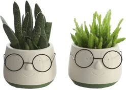 2x Bloempot Met Gezicht - Ø8 X H6,5 Cm - Bloempotten Voor Binnen Met Bril/Face/Hoofd