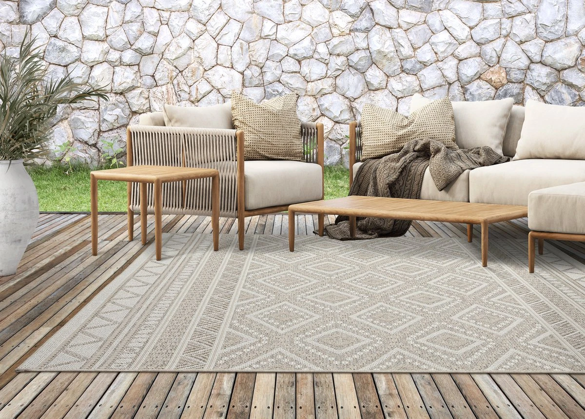 The Carpet Calgary Vloerkleed Voor Buiten En Buiten Buitenkleed Tuintapijt Buitentapijt Beige Diamant 140 X 200 Cm - Afbeelding 5