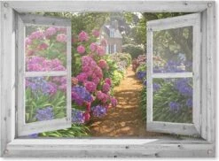 Tuinposter - 90x65 Cm - Doorkijk - Wit Venster Hortensia Tuin - Tuindecoratie - Tuindoek - Tuin Decoratie - Tuinposters Buiten - Tuinschilderij